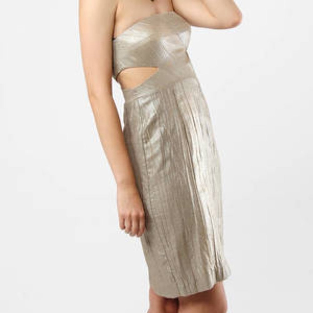 Black Halo Gold Caitlyn Cutout Strapless Dress, Metallic Linen, Size 6